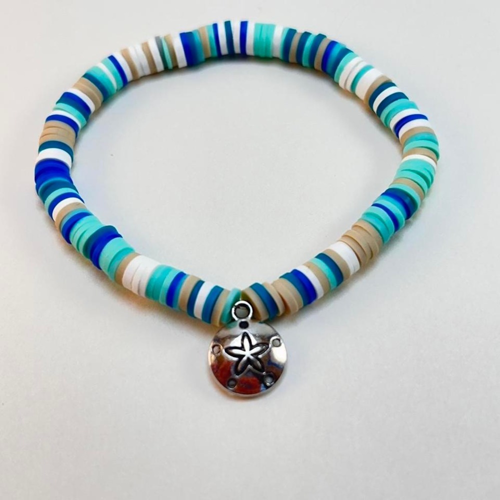 Heishi Bead Bracelet | Blue, white and tan with silver dollar Charm